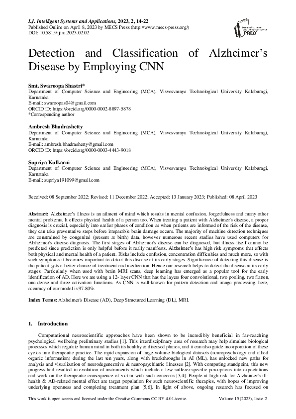 (PDF) Detection and Classification of Alzheimer’s Disease by Employing CNN