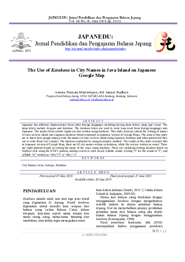 (PDF) The Use of Katakana in City Names in Java Island on Japanese ...