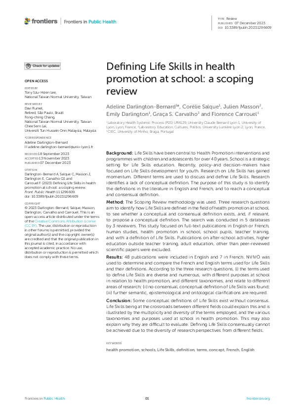 (PDF) Defining Life Skills in health promotion at school: a scoping review