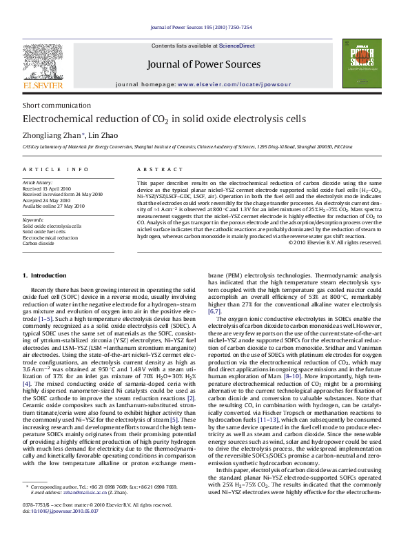 (PDF) Electrochemical reduction of CO2 in solid oxide electrolysis cells