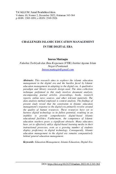 (PDF) Challenges of Islamic Education Management in the Digital Era