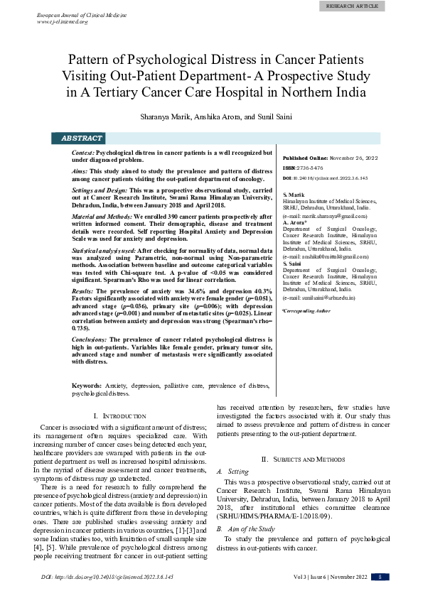 (PDF) Pattern of Psychological Distress in Cancer Patients Visiting Out ...