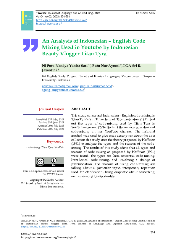 (PDF) An Analysis of Indonesian – English Code Mixing Used in Youtube ...