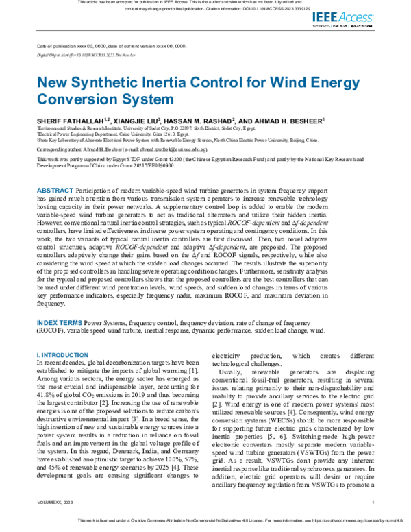 (PDF) New Synthetic Inertia Control for Wind Energy Conversion System