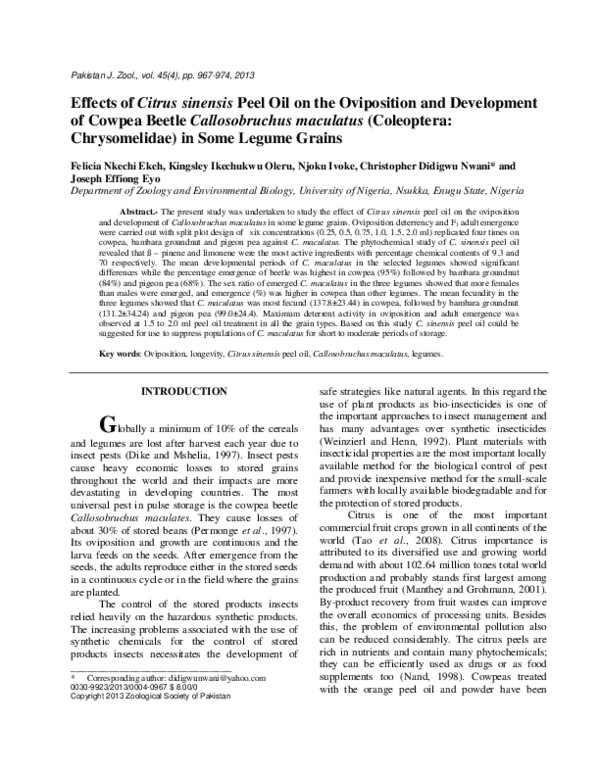 Effects of Citrus sinensis Peel Oil on the Oviposition and Development of Cowpea Beetle Callosobruchus maculatus (Coleoptera: Chrysomelidae) in Some Legume Grains