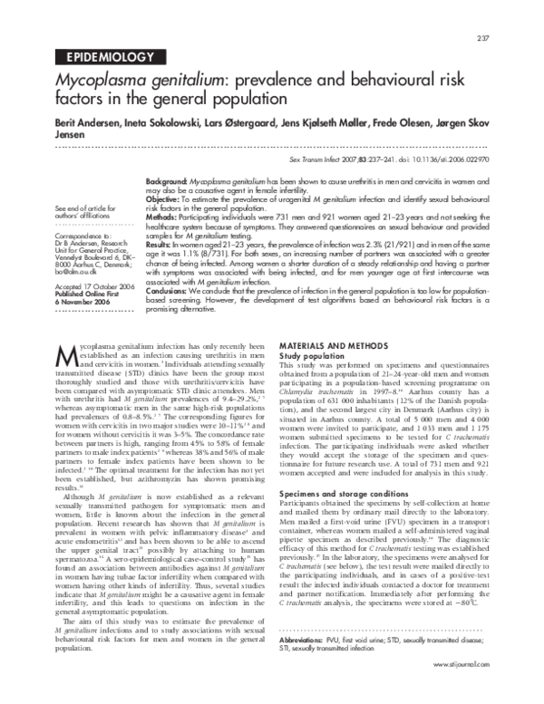 (PDF) Mycoplasma genitalium: prevalence and behavioural risk factors in ...