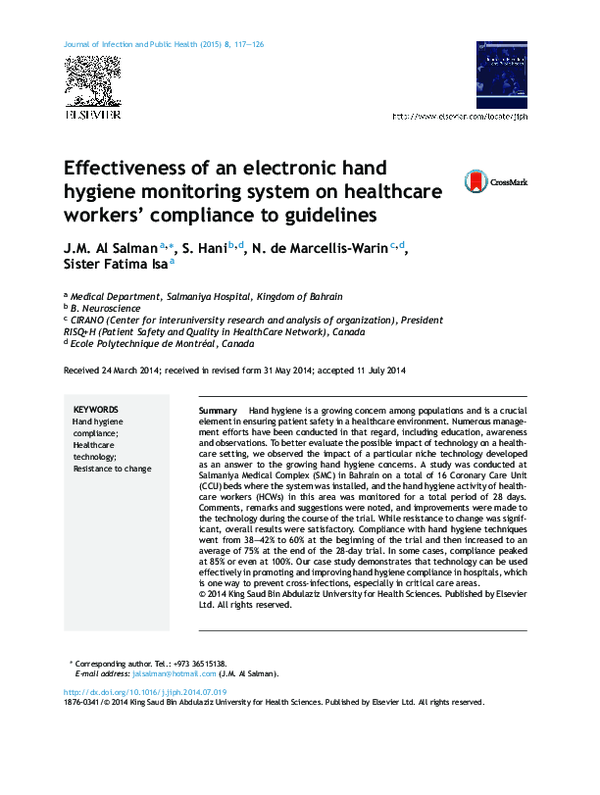 (PDF) Effectiveness of an electronic hand hygiene monitoring system in ...