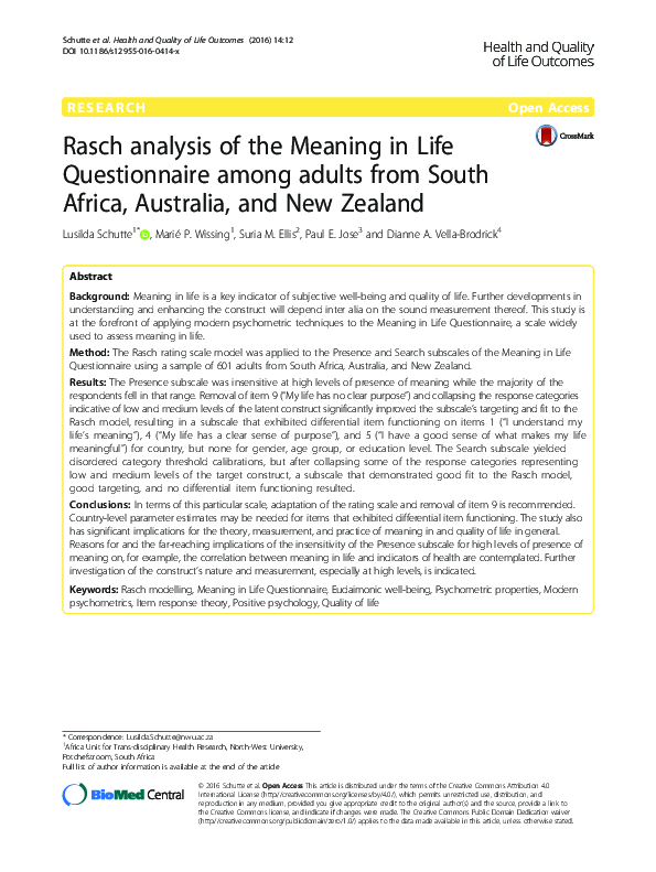 (PDF) Rasch analysis of the Meaning in Life Questionnaire among adults ...