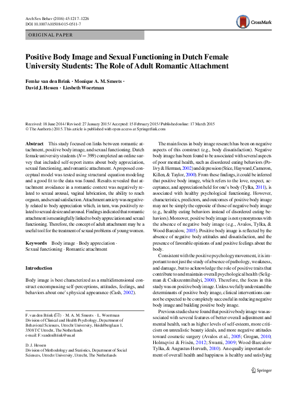 (PDF) Positive Body Image and Sexual Functioning in Dutch Female ...