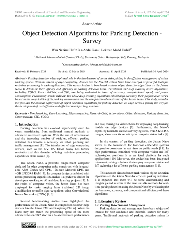 (PDF) Object Detection Algorithms for Parking Detection - Survey