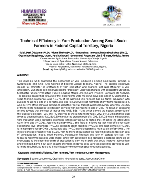 (PDF) Technical Efficiency in Yam Production Among Small Scale Farmers ...