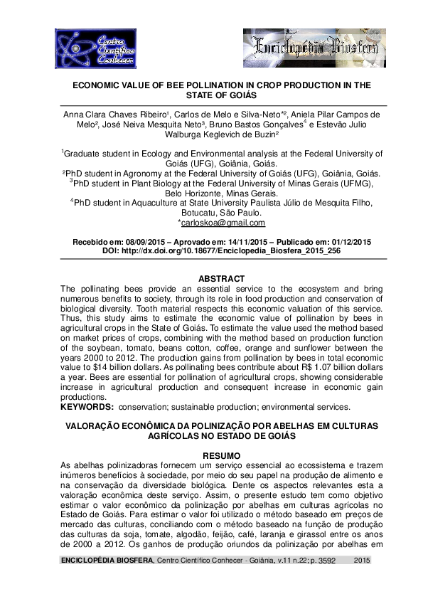 (PDF) Economic Value of Bee Pollination in Crop Production in the State ...