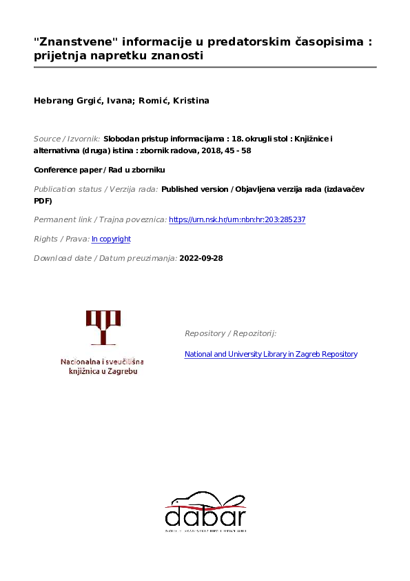 Znanstvene" informacije u predatorskim časopisima : prijetnja napretku znanosti