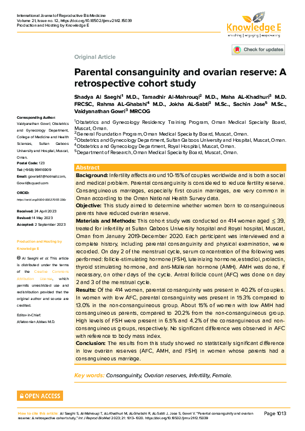 (PDF) Parental consanguinity and ovarian reserve: A retrospective ...