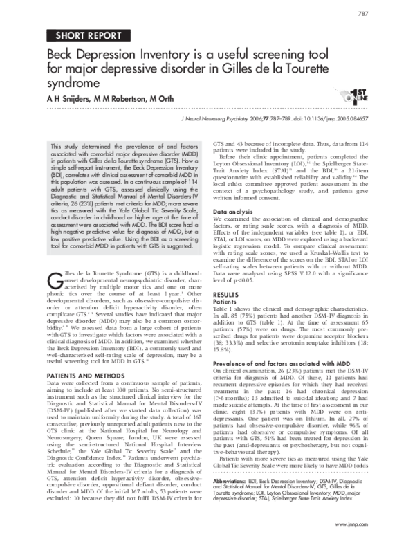 (PDF) Beck Depression Inventory is a useful screening tool for major ...