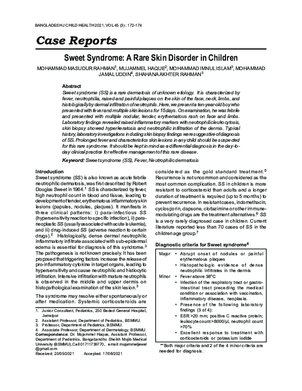 (PDF) Sweet Syndrome: A Rare Skin Disorder in Children