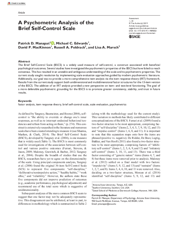 (PDF) A Psychometric Analysis of the Brief Self-Control Scale