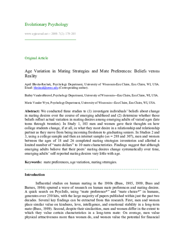 (PDF) Age variation in mating stratagies and mate preferences Beliefs ...