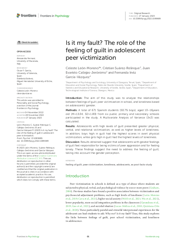 (PDF) Is it my fault? The role of the feeling of guilt in adolescent ...