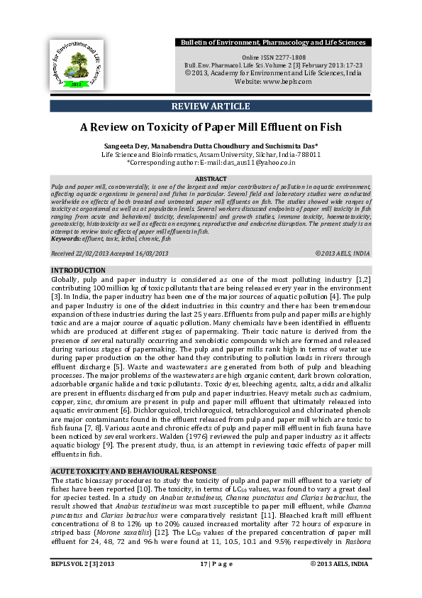 (PDF) REVIEW ARTICLE A Review on Toxicity of Paper Mill Effluent on Fish