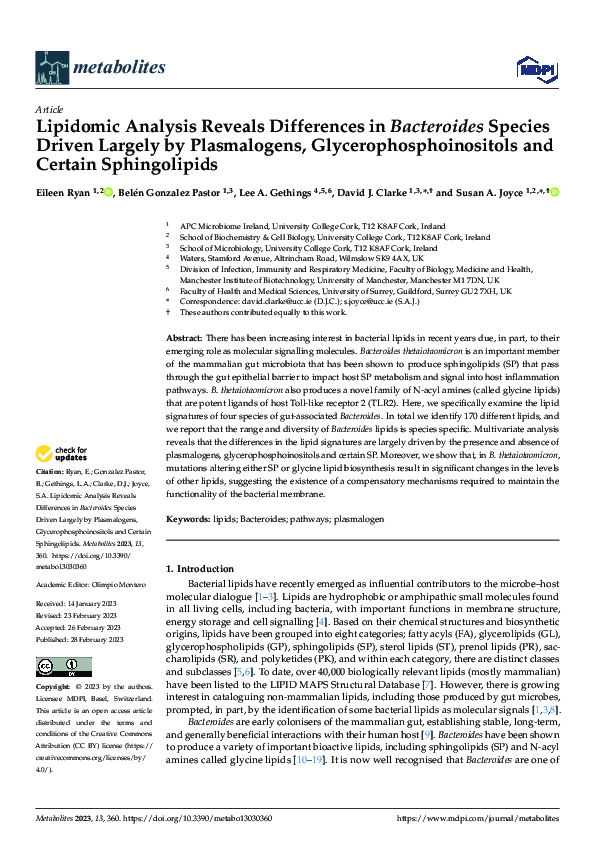 (PDF) Lipidomic analysis reveals differences in Bacteroides species ...