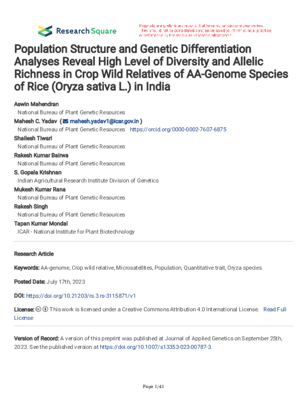 (PDF) Population Structure and Genetic Differentiation Analyses Reveal ...