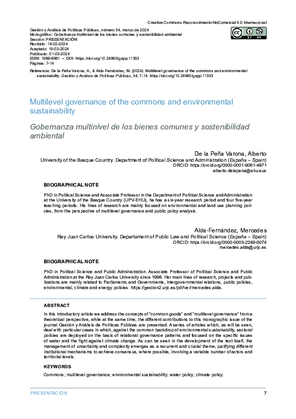 (PDF) Multilevel governance of the commons and environmental sustainability