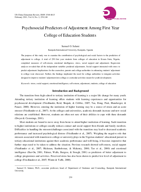 (PDF) Psychosocial Predictors of Adjustment among First Year College of ...