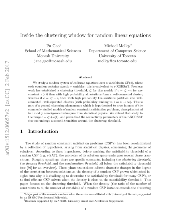 (PDF) Inside the clustering window for random linear equations