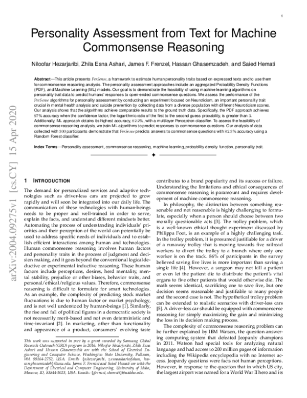 (PDF) Personality Assessment from Text for Machine Commonsense Reasoning