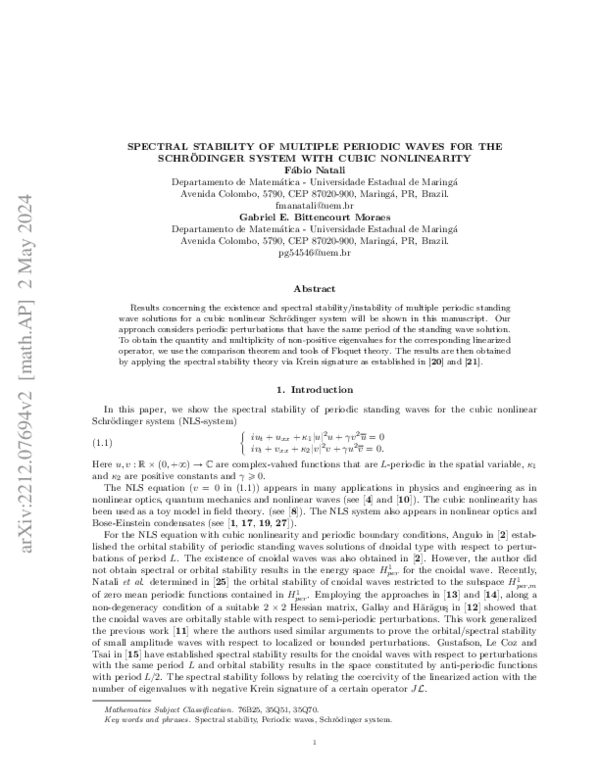 (PDF) Spectral stability of multiple periodic waves for the Schrodinger ...
