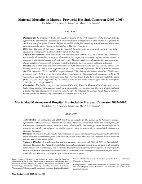 (PDF) Maternal mortality in Maroua Provincial Hospital, Cameroon (2003 ...