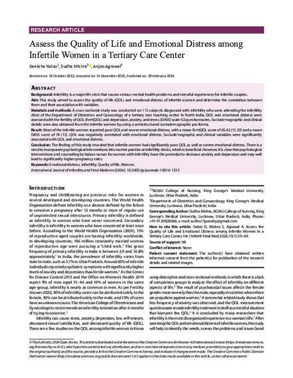 (PDF) Assess the Quality of Life and Emotional Distress among Infertile ...