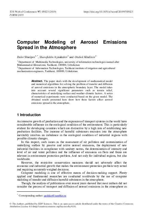 (PDF) Computer Modeling of Aerosol Emissions Spread in the Atmosphere