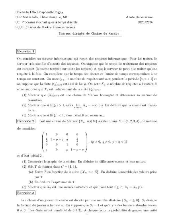 (PDF) UFRM FCM 1 TD Chaines Markov temps discet 23 24