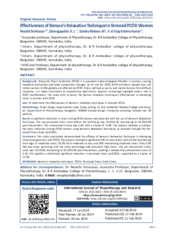 (PDF) Effectiveness of Benson’s Relaxation Technique In Stressed PCOD Women