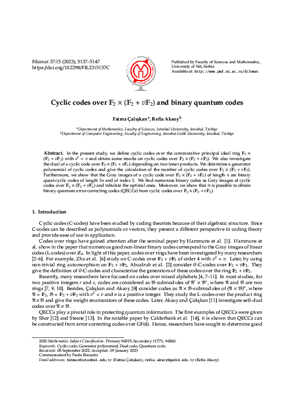 (PDF) Cyclic codes over F2 × (F2 + vF2) and binary quantum codes