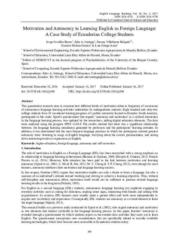 (PDF) Motivation and Autonomy in Learning English as Foreign Language ...