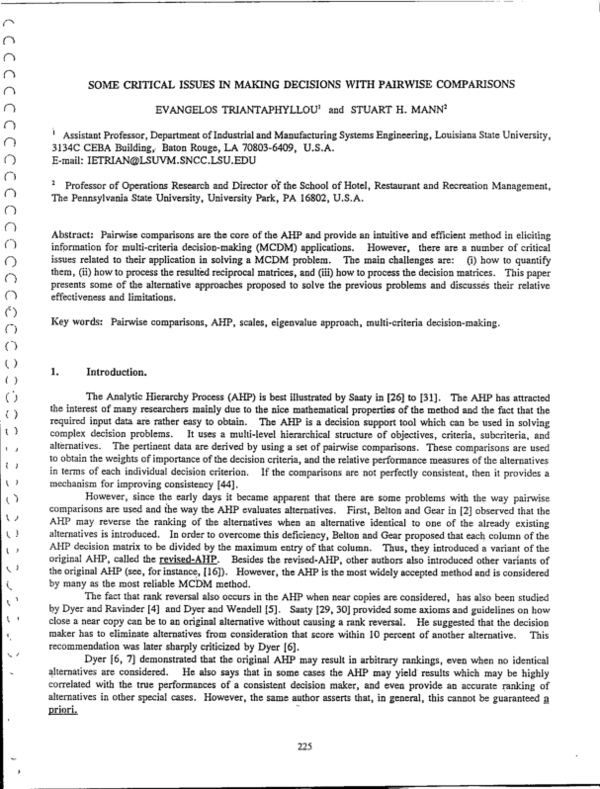 (PDF) Some Critical Issues in Making Decisions with Pairwise Comparisons