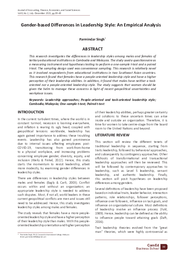 (PDF) Gender-Based Differences in Leadership Style: An Empirical Analysis