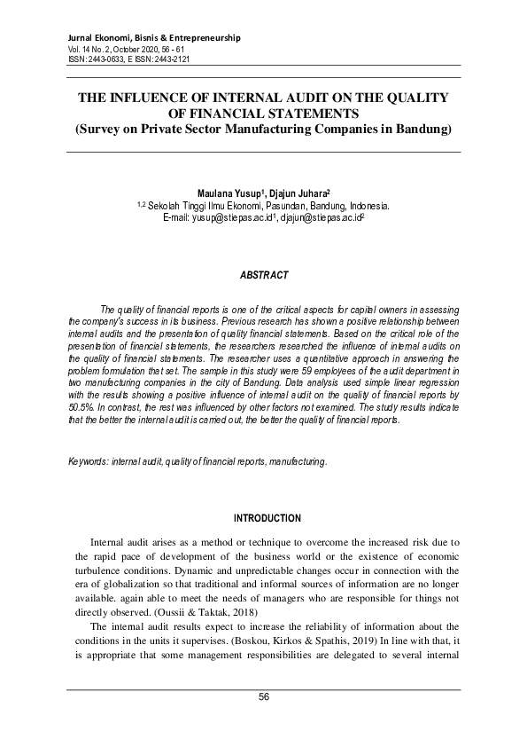 (PDF) Influence of Internal Audit On the Quality of Financial Statements
