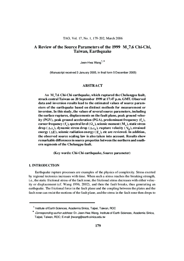 (PDF) A Review of the Source Parameters of the 1999 Ms7.6 Chi-Chi ...