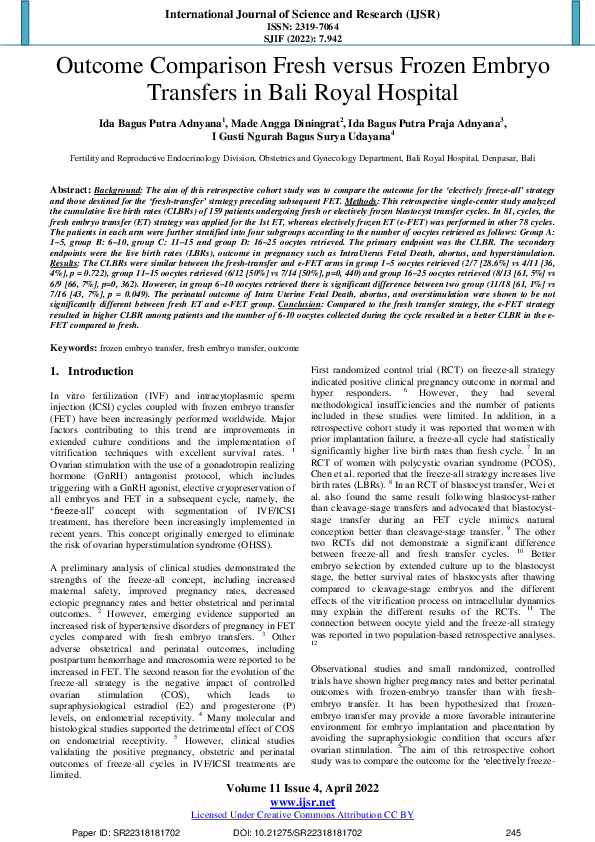 (PDF) Outcome Comparison Fresh versus Frozen Embryo Transfers in Bali ...