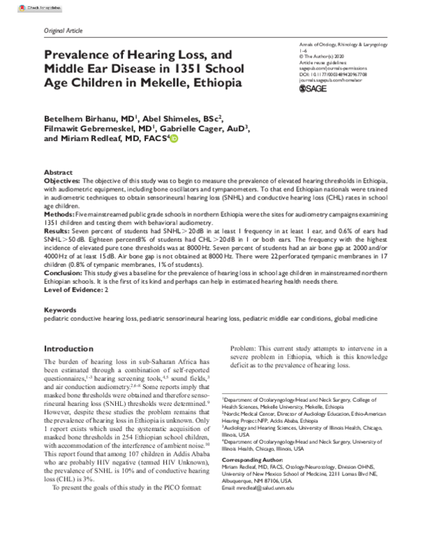 (PDF) Prevalence of Hearing Loss, and Middle Ear Disease in 1351 School ...