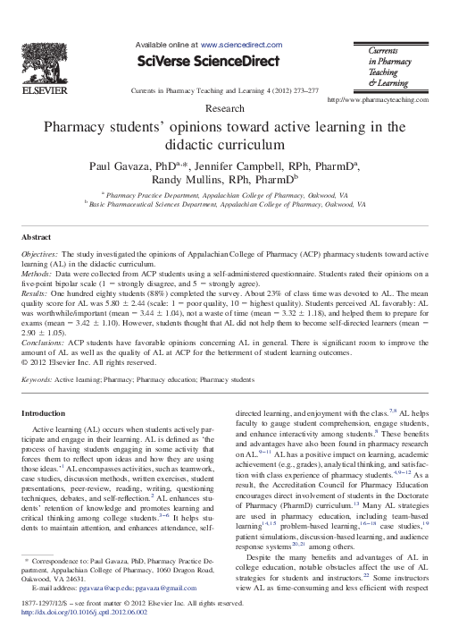 (PDF) Pharmacy students' opinions toward active learning in the ...