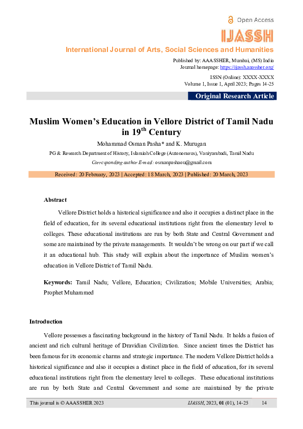 Muslim Women's Education in Vellore District of Tamil Nadu in 19th Centuary