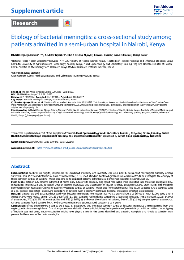 (PDF) Etiology of bacterial meningitis: a cross-sectional study among ...
