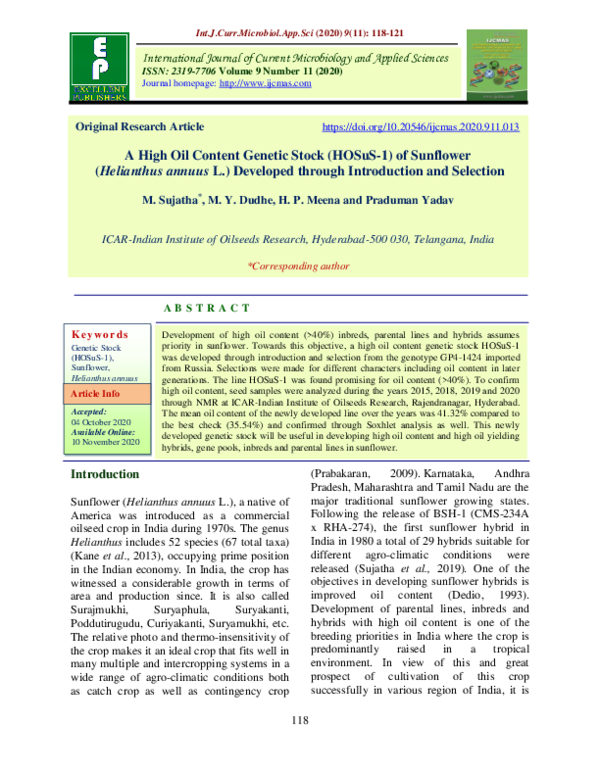 (PDF) A High Oil Content Genetic Stock (HOSuS-1) of Sunflower ...