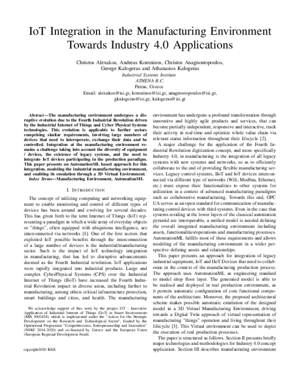 (PDF) IoT Integration in the Manufacturing Environment Towards Industry ...
