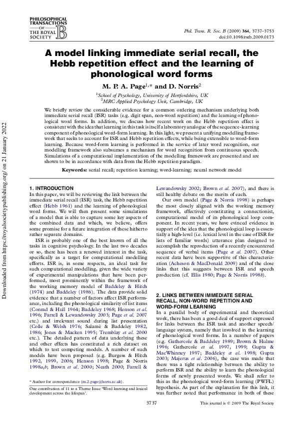 (PDF) A model linking immediate serial recall, the Hebb repetition ...